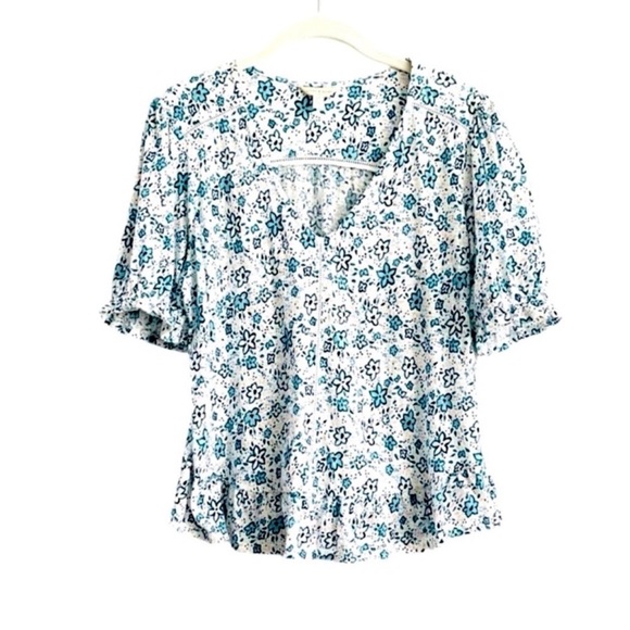 Lucky Brand Ruffle Hem Blouse Puff Sleeve V-neck Floral Teal Blue Green Size S - Picture 11 of 12